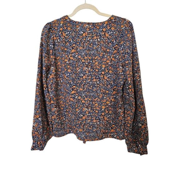 Wishlist Apparel navy with rust and cream floral print tie front blouse. Size L. - Picture 4 of 6